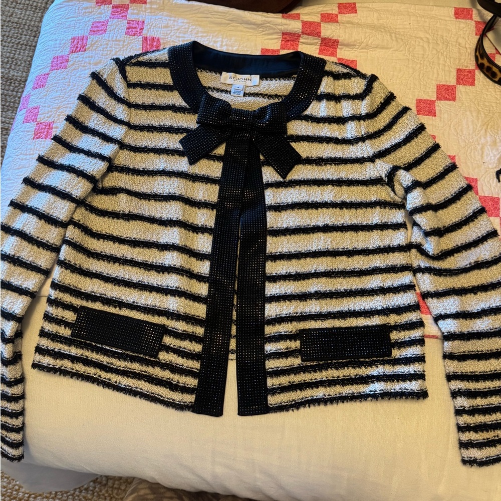 St. John Black and White Striped Sweater Blazer